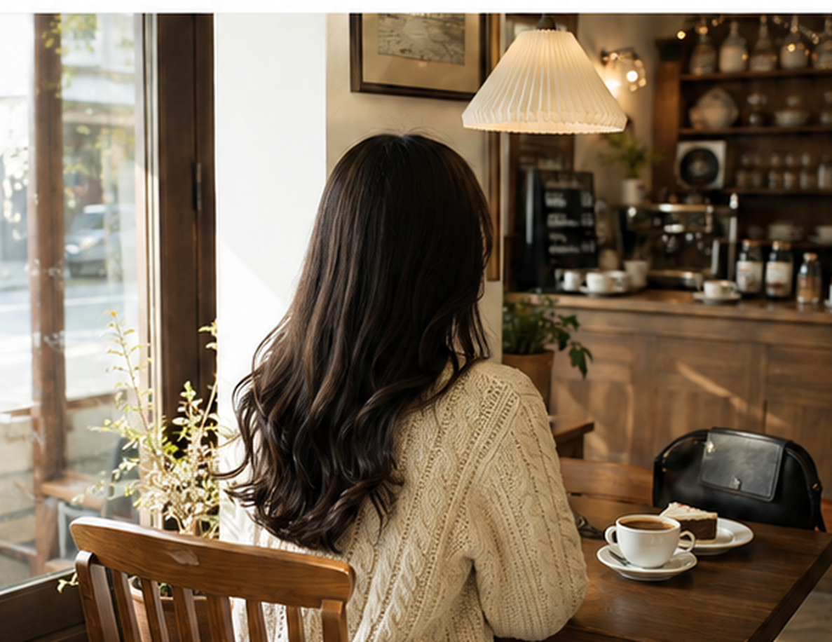 따뜻한 카페에서 창가를 바라보며 앉아 있는 긴 머리 여성의 뒷모습